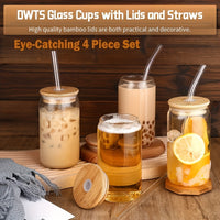 4Pcs Drinking Glasses with Bamboo Lids and Glass Straw - 16 Oz Can Shaped Glass Cups for Beer, Ice Coffee, Cute Tumbler Cup Great for Soda Boba Tea Cocktail Include 2 Cleaning Brushes - Veloxea
