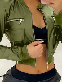 Zipper Solid Crop Jacket, Y2K Long Sleeve Jacket For Spring & Fall, Women's Clothing - Veloxea