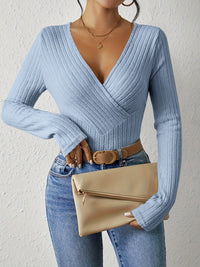 Solid Rib Knit Sweater, Casual V Neck Long Sleeve Slim Sweater, Women's Clothing - Veloxea
