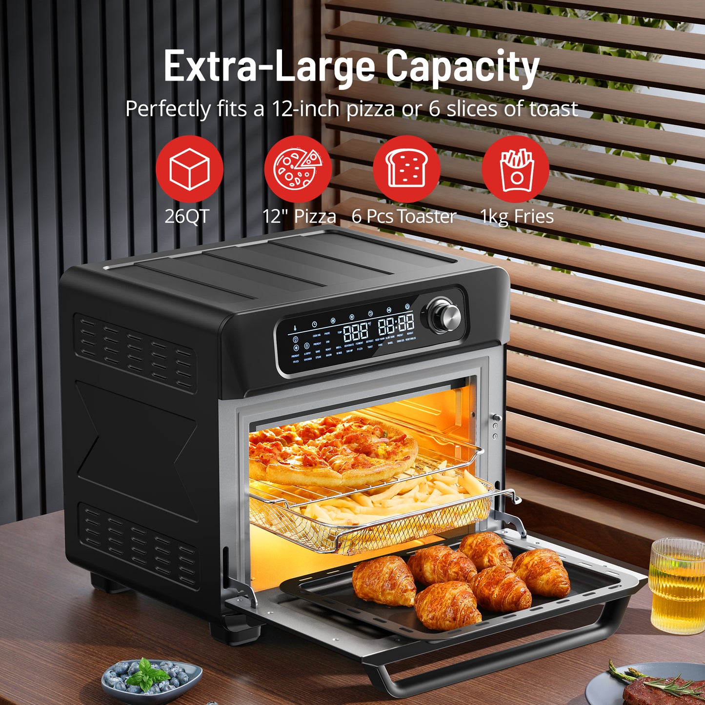 Paris Rhne Air Fryer Toaster Oven Combo 26.4QT Countertop Convection Ovens with 24 One-Touch Savable Custom Functions - Veloxea