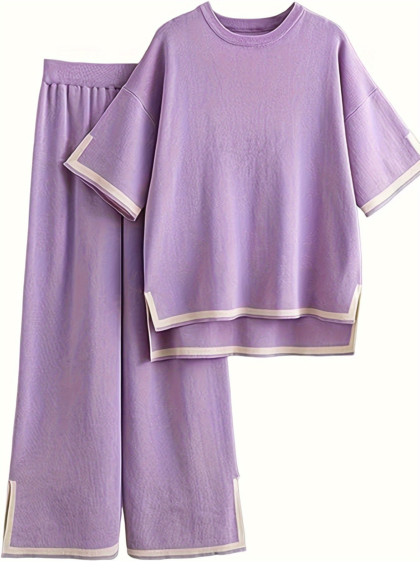 Contrast Trim Casual Two-piece Set, Short Sleeve Crew Neck Top & Elastic Waist Pants Outfits, Women's Clothing