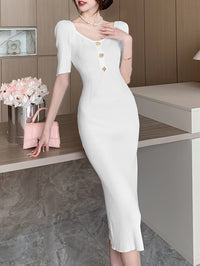 Button Detail Bodycon Knitted Dress, Elegant Short Sleeve Dress For Spring & Summer, Women's Clothing