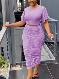 T-shirt & Bodycon Skirts Solid Two-piece Set, Flared Sleeve T-shirt & Midi Skirts, Women's Clothing