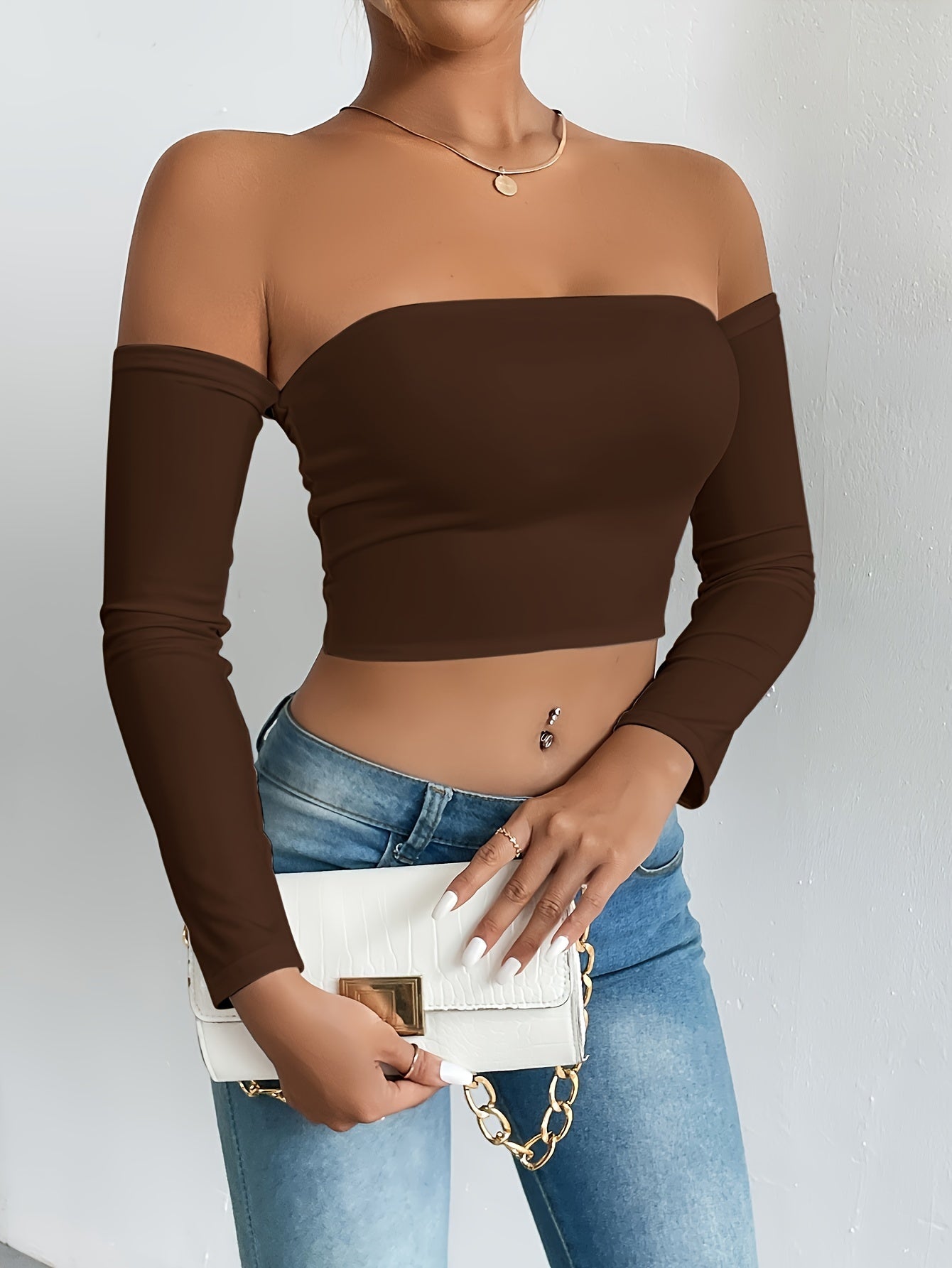 Solid Color Off-shoulder Crop Top, Sexy Long Sleeve Slim Top, Women's Clothing - Veloxea