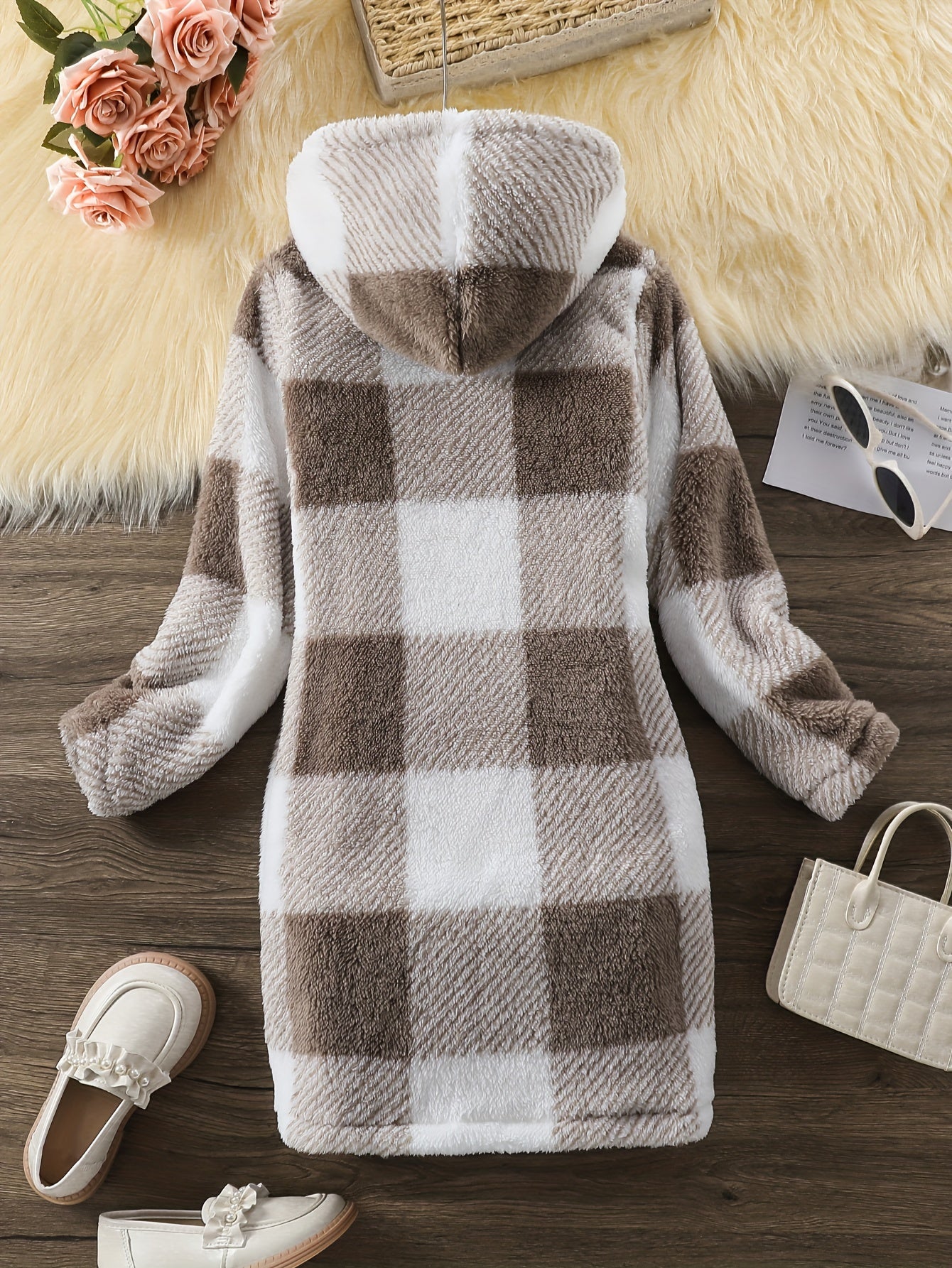 Plaid Long Sleeve Hooded Dress Girls Comfy Dress Fall Winter Christmas Gift - Veloxea