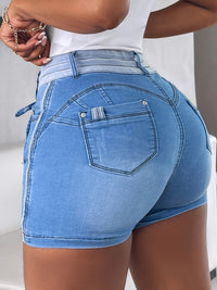Women's Sexy Contrast Color Patchwork Drawstring Denim Skorts, Tie Waist Detail Slant Pockets Denim Shorts