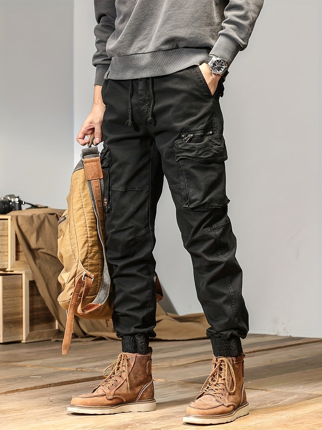Men's Solid Cargo Pants With Multi Pockets, Cotton Drawstring Joggers For Outdoor - Veloxea
