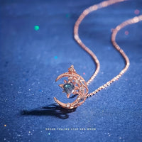 Moon Star Pendant Necklace Inlaid Shiny Moonstone Dainty Clavicle Chain For Women - Veloxea