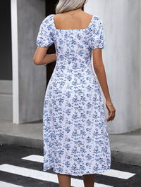 Floral Print Square Neck Split Dress, Elegant Short Sleeve Dress For Spring & Summer, Women's Clothing - Veloxea