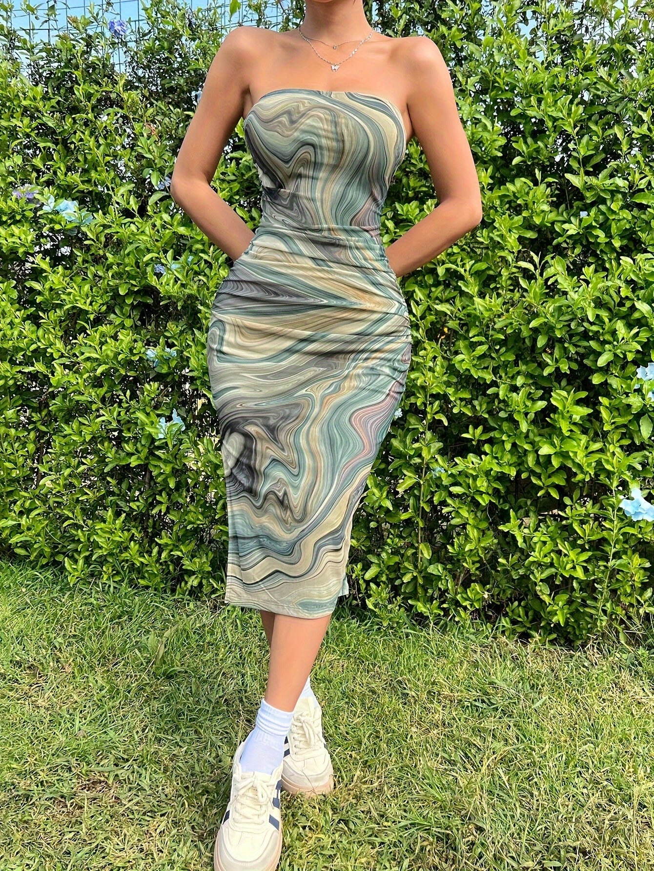 Backless Marble Print Slim Split Side Tube Dress, Elegant Sleeveless Strapless Dress For Spring & Summer, Women's Clothing - Veloxea