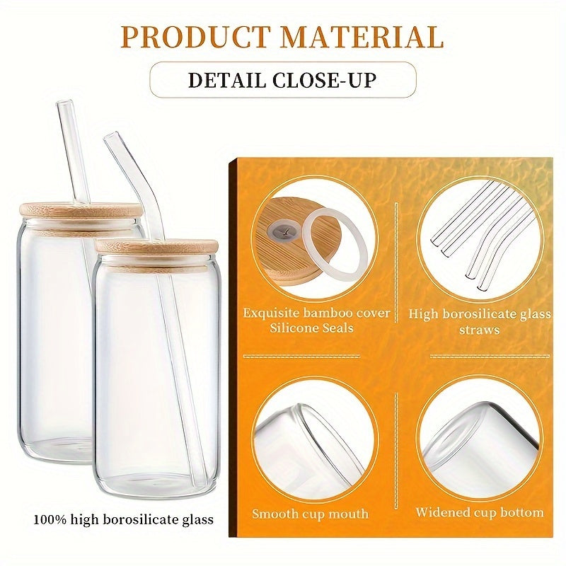 4Pcs Drinking Glasses with Bamboo Lids and Glass Straw - 16 Oz Can Shaped Glass Cups for Beer, Ice Coffee, Cute Tumbler Cup Great for Soda Boba Tea Cocktail Include 2 Cleaning Brushes - Veloxea