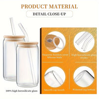 4Pcs Drinking Glasses with Bamboo Lids and Glass Straw - 16 Oz Can Shaped Glass Cups for Beer, Ice Coffee, Cute Tumbler Cup Great for Soda Boba Tea Cocktail Include 2 Cleaning Brushes - Veloxea