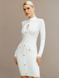 Mock Neck Cut Out Button Bandage Dress, Elegant Long Sleeve Slim Bodycon Dress For Spring & Fall, Women's Clothing