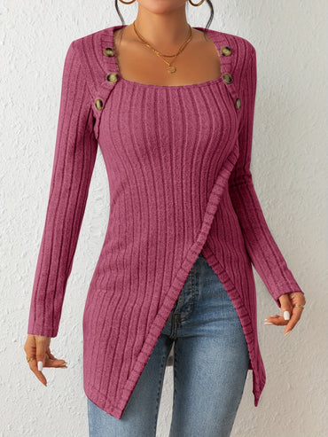 Button Decor Asymmetrical Hem T-Shirt, Casual Ribbed Long Sleeve Top For Spring & Fall, Women's Clothing - Veloxea