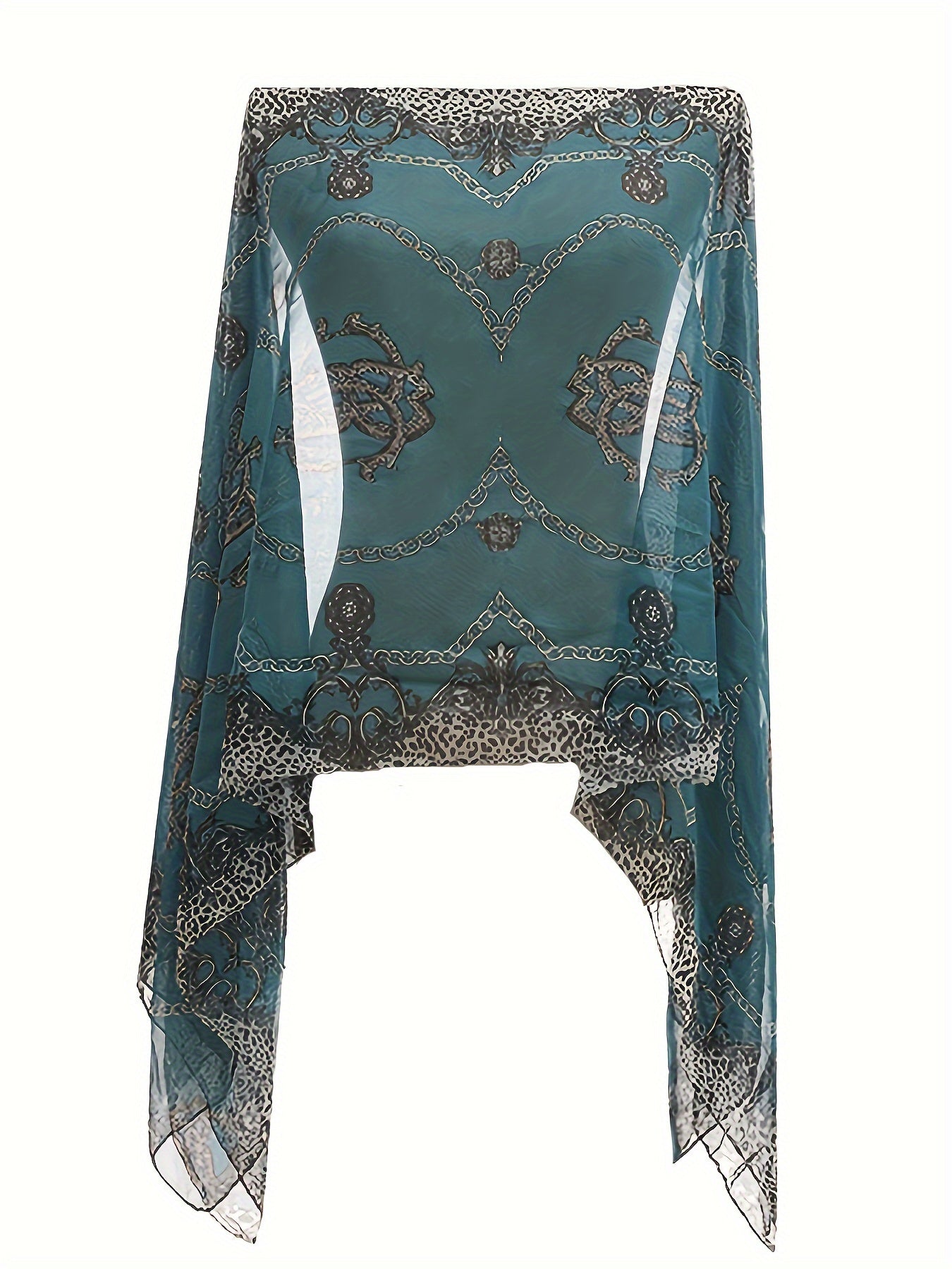 Plus Size Chain Print V Neck Shawl Top, Elegant Long Sleeve Blouse For Spring & Summer, Women's Plus Size Clothing - Veloxea