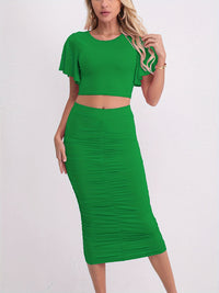 T-shirt & Bodycon Skirts Solid Two-piece Set, Flared Sleeve T-shirt & Midi Skirts, Women's Clothing