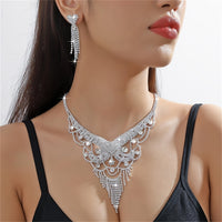 1 Pair Of Earrings + 1 Necklace Elegant Jewelry Set Silver Plated Paved Shining Rhinestone Engagement/ Wedding Decor Dupes Luxury Jewelry Gifts For Eid - Veloxea