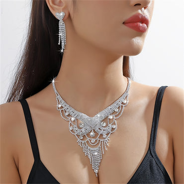 1 Pair Of Earrings + 1 Necklace Elegant Jewelry Set Silver Plated Paved Shining Rhinestone Engagement/ Wedding Decor Dupes Luxury Jewelry Gifts For Eid - Veloxea