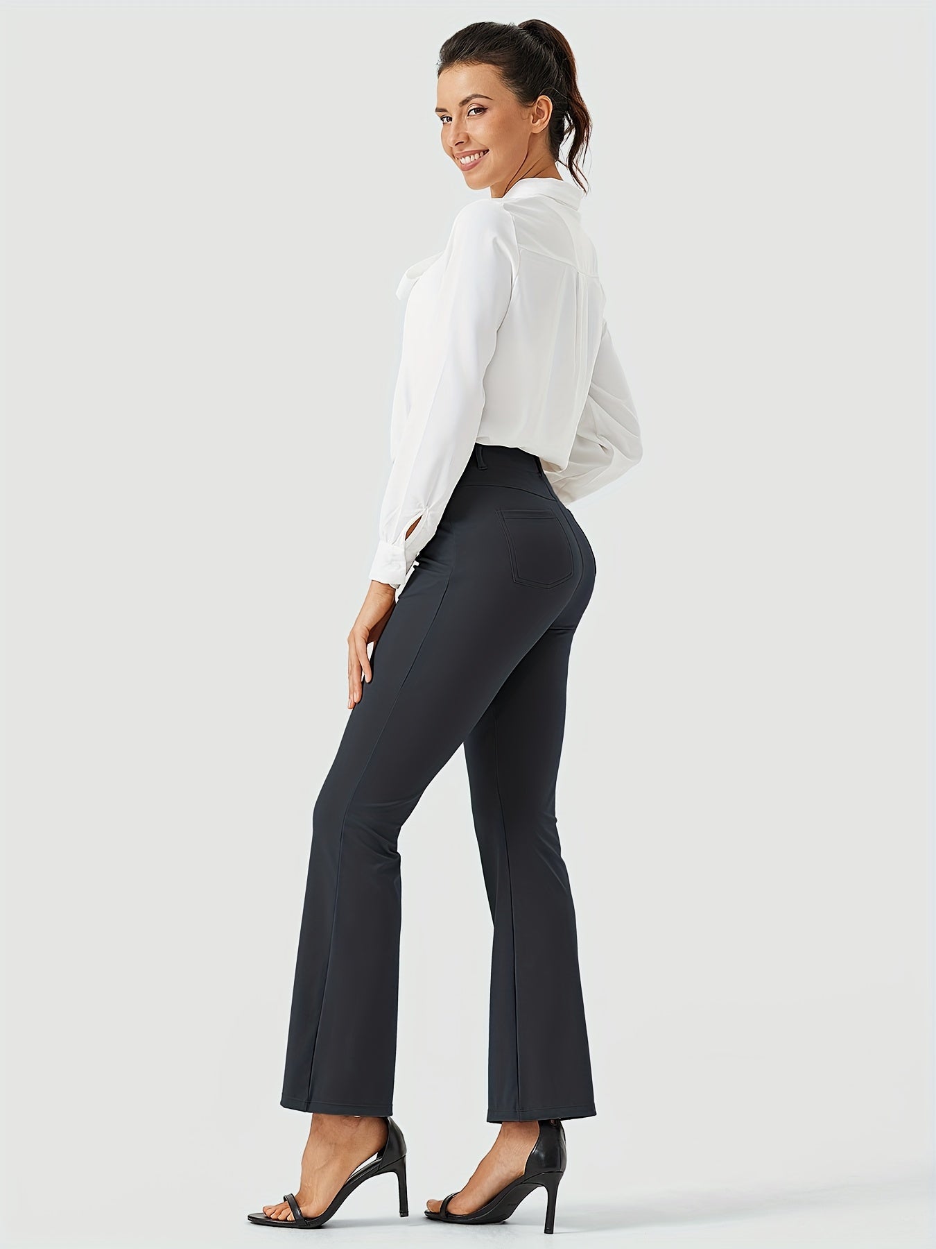 Women's Yoga Dress Work Pants Lightweight Slacks Stretch Casual Office Flare Pants Wide Leg With Belt Loops 4 Pockets - Veloxea