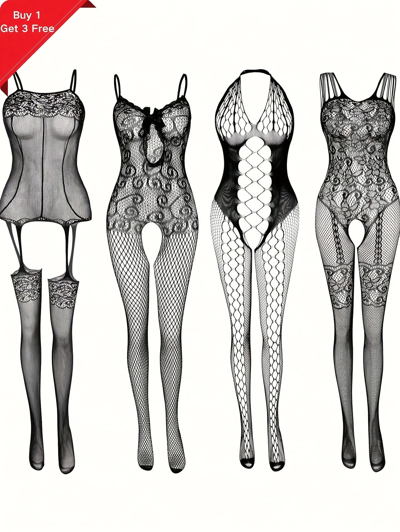 4pcs Women's Plus Sexy Lingerie Bodystockings, Plus Size Lace Fishnet Hollow Out Stretchy Open Crotch Nightwear Bodysuit For Romantic Date Wearing - Veloxea