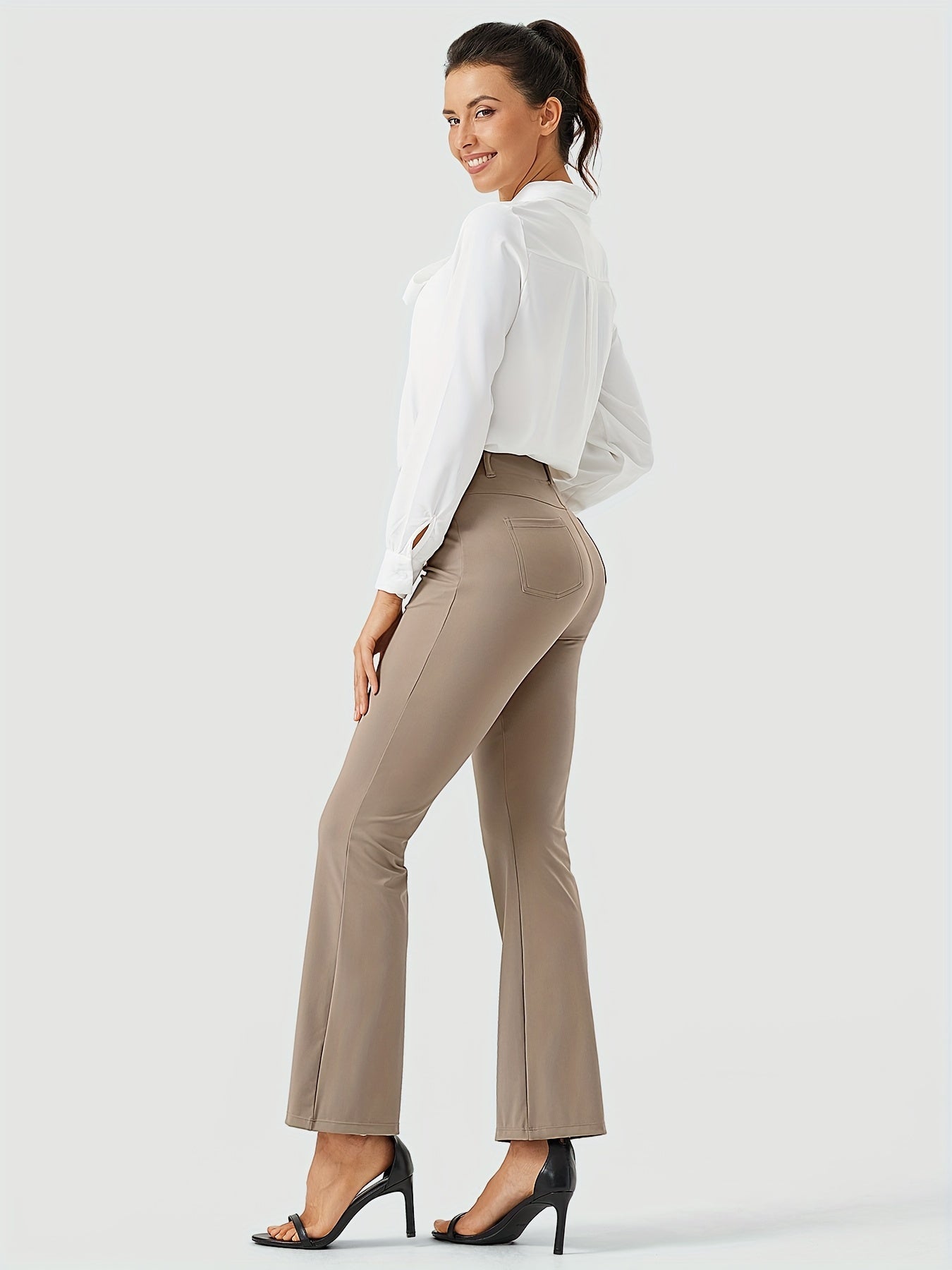Women's Yoga Dress Work Pants Lightweight Slacks Stretch Casual Office Flare Pants Wide Leg With Belt Loops 4 Pockets - Veloxea