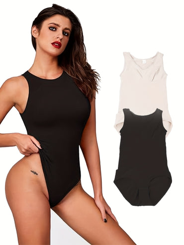 2pcs Crew Neck Tank Bodysuit, Sexy Sleeveless Tummy Control Bodysuit, Women's Clothing
