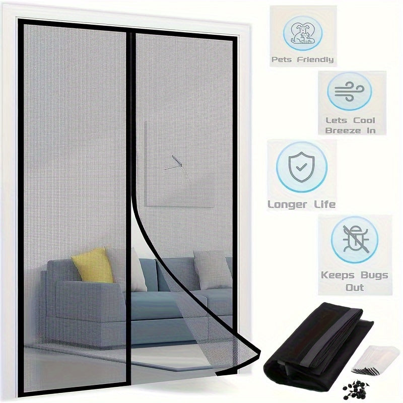 1pc Heavy-Duty Magnetic Screen Door With Full Frame Hook & Loop, Durable Polyester Mesh Curtain For Fresh Air Circulation, Easy Entry For Pets, Kid Friendly, Bug & Insect Proof, Fits Doors Up To 38x82 Inches - Veloxea