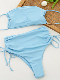 Solid Color Sexy 2 Piece Set Bikini, Spaghetti Straps Drawstring Tie Side High Waist Swimsuits, Women's Swimwear & Clothing - Veloxea