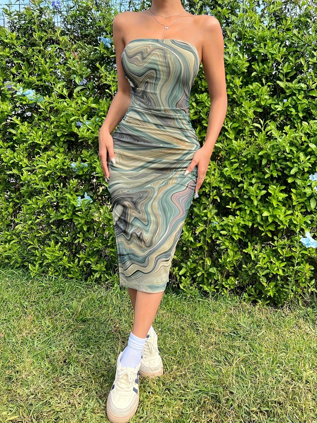 Backless Marble Print Slim Split Side Tube Dress, Elegant Sleeveless Strapless Dress For Spring & Summer, Women's Clothing - Veloxea
