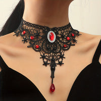 Black Clavicle Chain Vintage Gothic Lace Necklace Female Red Crystal Tassel Halloween Holiday Dress Up Accessories Gift - Veloxea