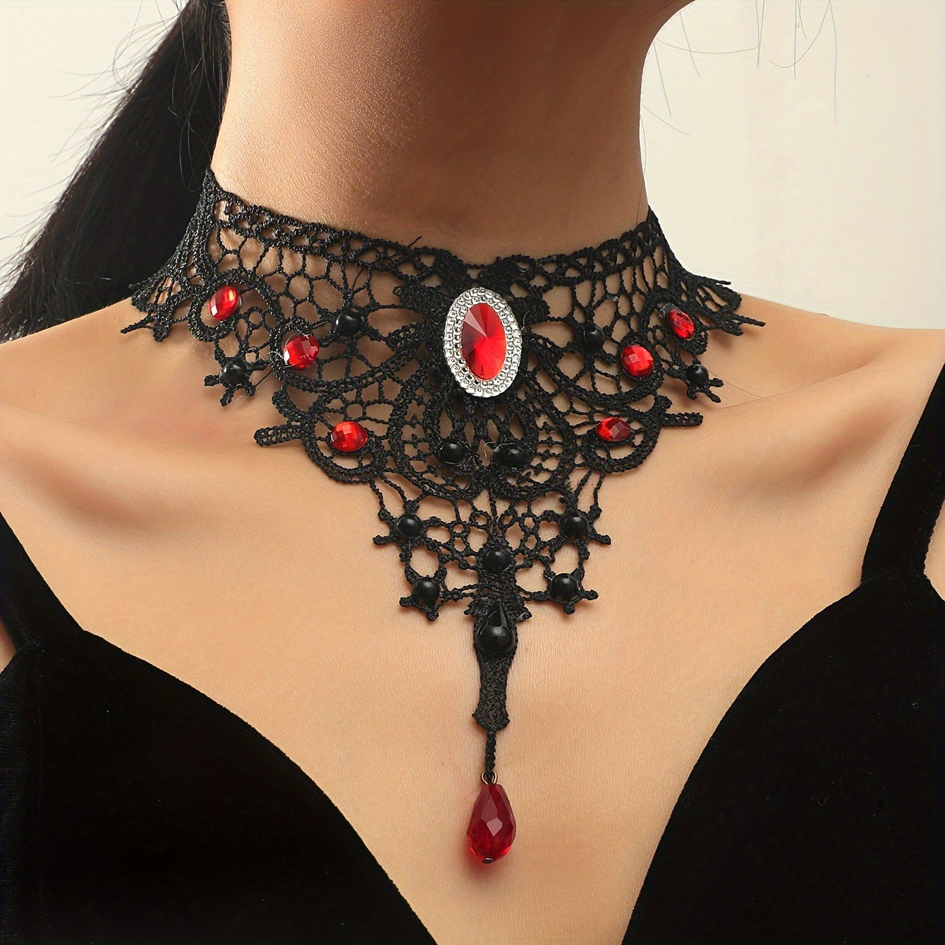 Black Clavicle Chain Vintage Gothic Lace Necklace Female Red Crystal Tassel Halloween Holiday Dress Up Accessories Gift - Veloxea