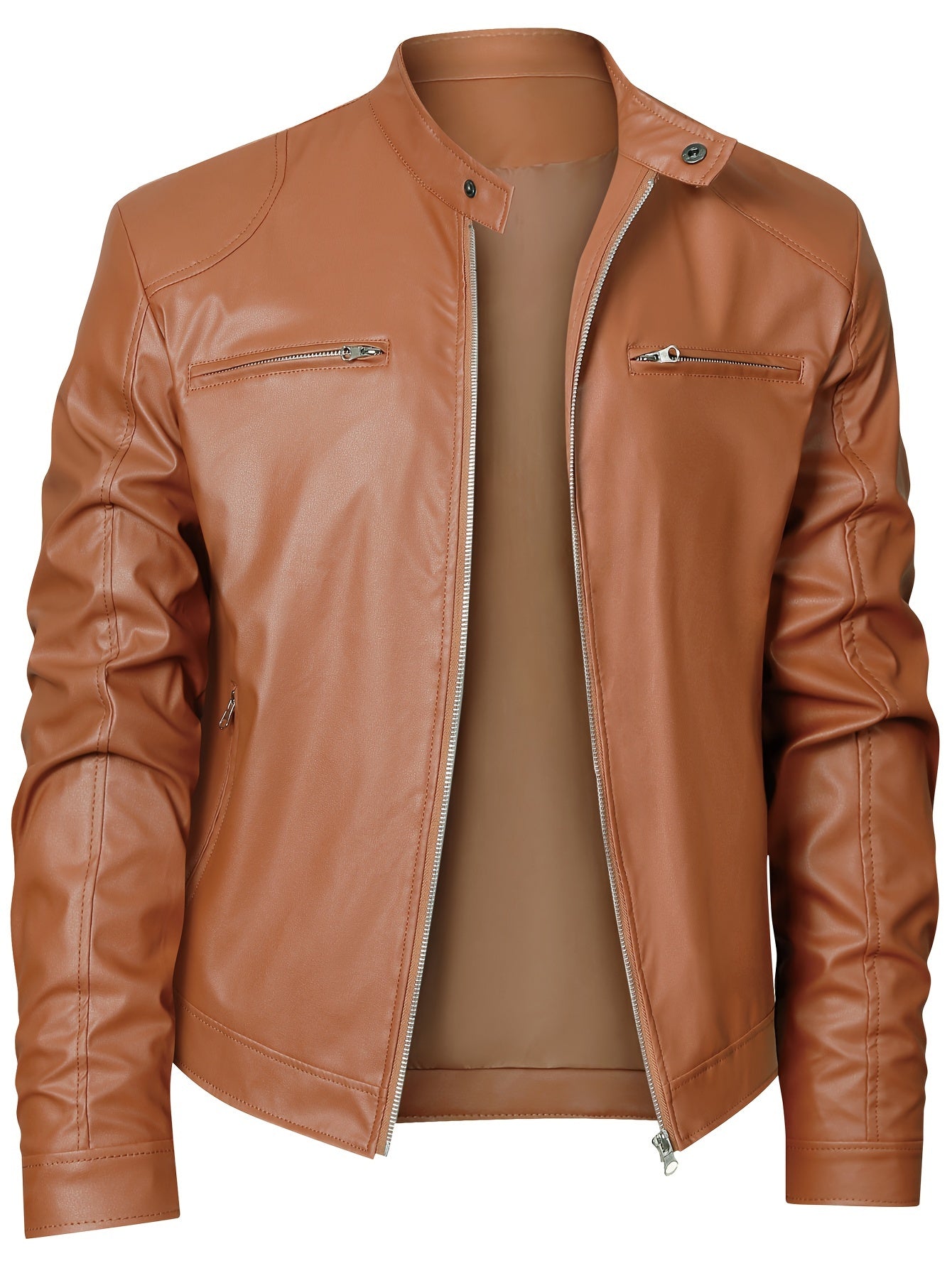 2023 Autumn And Winter New Zipper Cardigan Pocket PU Leather Small Stand Collar MotorcycleJacket Coat Men's Coat - Veloxea
