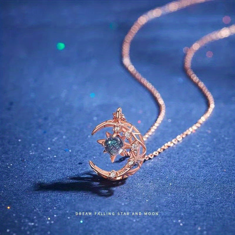 Moon Star Pendant Necklace Inlaid Shiny Moonstone Dainty Clavicle Chain For Women - Veloxea