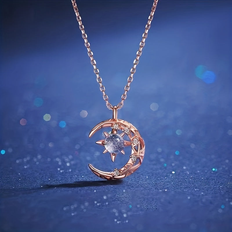 Moon Star Pendant Necklace Inlaid Shiny Moonstone Dainty Clavicle Chain For Women - Veloxea