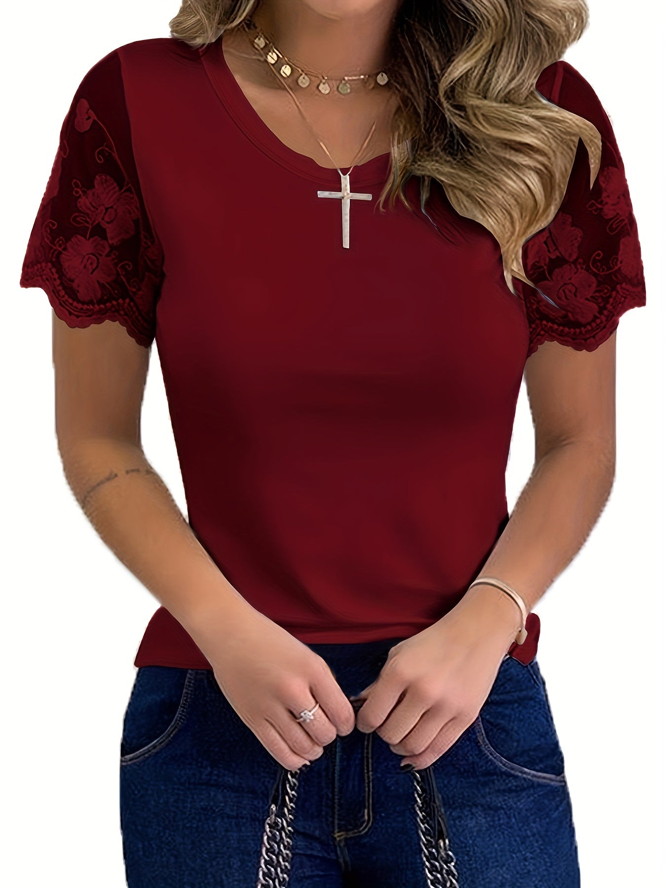 Women's T-Shirt Elegant Lace Short Sleeve Cut Out Crew Neck Loose Casual Summer T-Shirt