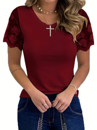 Women's T-Shirt Elegant Lace Short Sleeve Cut Out Crew Neck Loose Casual Summer T-Shirt