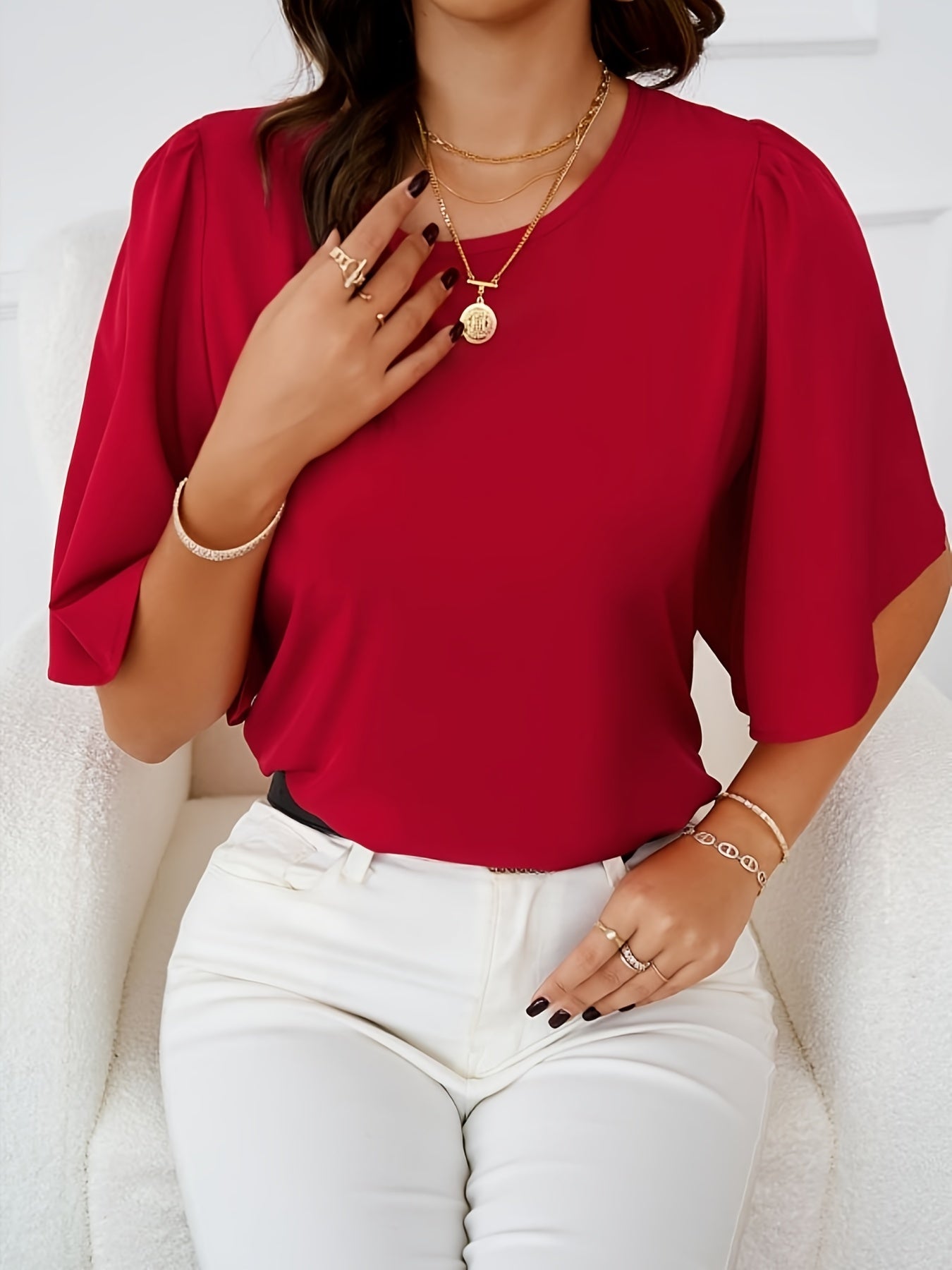 Solid Crew Neck Blouse, Elegant Ruffle Sleeve Blouse, Women's Clothing - Veloxea