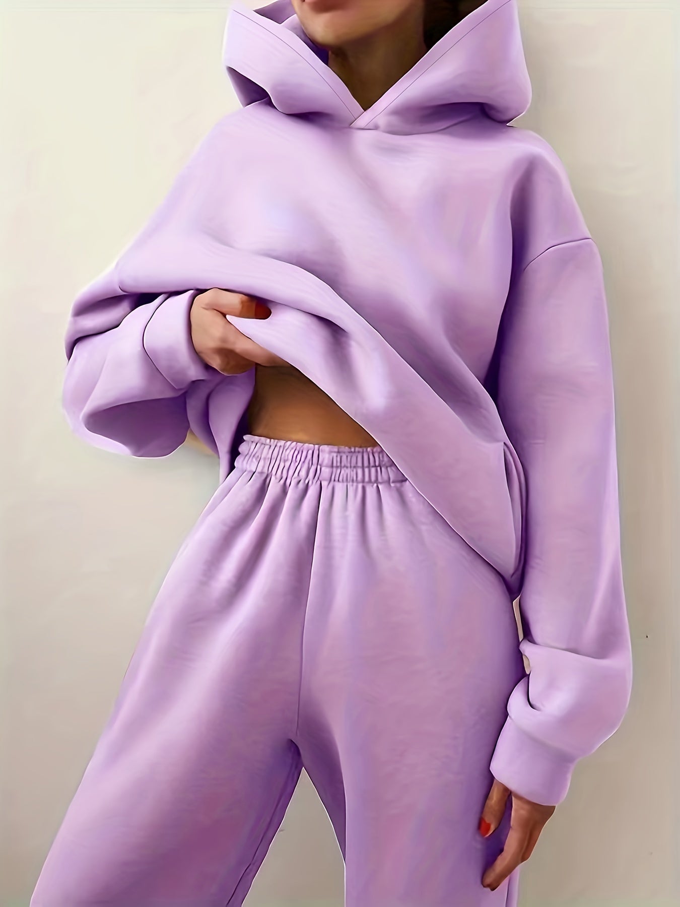 Casual Solid Two-piece Set, Kangaroo Pocket Hoodie & Elastic Waist Pants Outfits, Women's Clothing