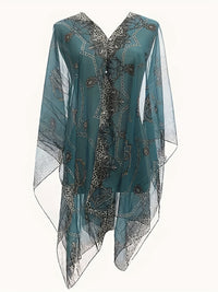 Plus Size Chain Print V Neck Shawl Top, Elegant Long Sleeve Blouse For Spring & Summer, Women's Plus Size Clothing - Veloxea
