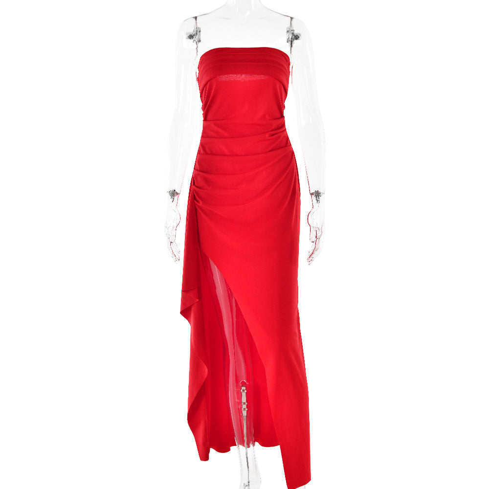 Strapless Split Long Dress Summer Fashion Pleated Bridesmaid Dress For Womens